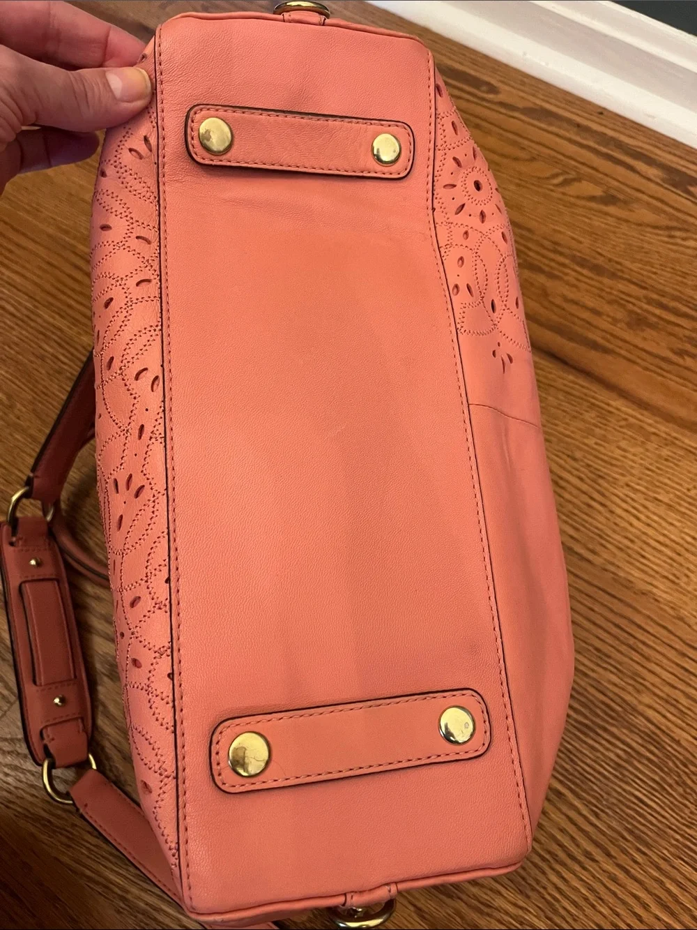 Coach Coral Pink Leather Satchel with Laser-Cut Floral Design F22488